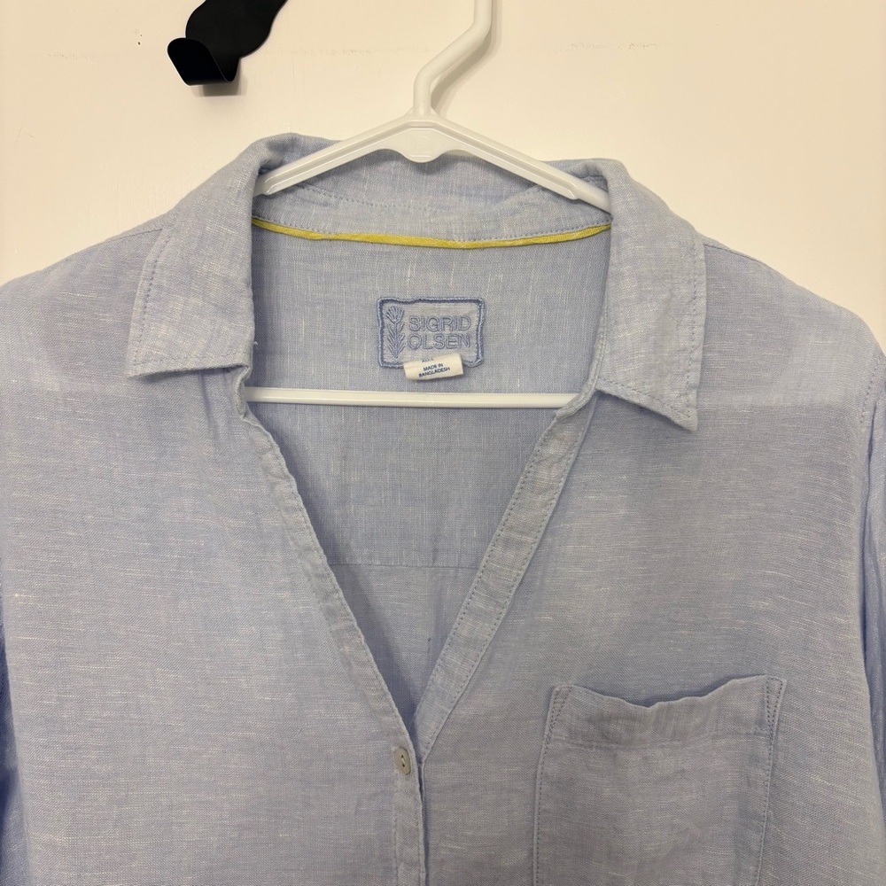 Sigrid Olsen Sky Blue 100% Linen Button Up Shirt Long Sleeve Blouse Work Career